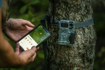 A trail cam on a tree and hunter using HuntWise app, deer hunting off season prep concept.