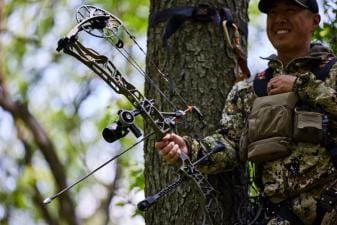 A hunter in camo in a tree stand with a bow, ready for Indiana deer season concept.