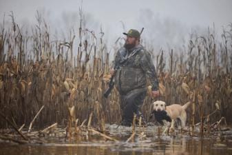 Hunter with dog carrying duck in water, find duck hunting spots concept.