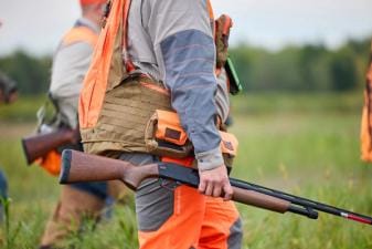 Hunter holds shotgun for pheasant hunt, shotgun for pheasant hunting concept.