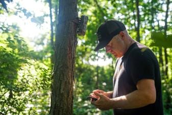Jeff Sturgis checking trail cameras, whitetail habitat concept.