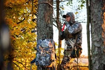 Hunter in tree using deer call, best deer calls for pre-rut concept.